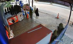 Dükkanın önündeki çiçeği alıp uzaklaşırken kameralara yakalandı