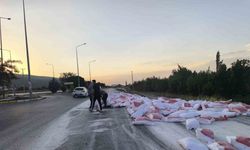Tırın lastiği patladı un çuvalları yola savruldu