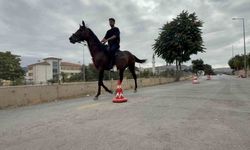 Tokat’ta direksiyon sınavı heyecanını yenmek için motosiklet yerine atla parkura girdi
