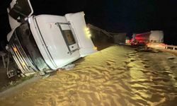 Tır devrildi, saçılan hayvan yemi yolu kapattı