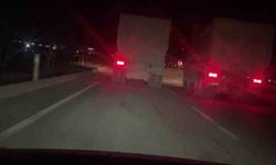 Trafikte 100’ü bulan hızla yarışan kamyonların o anları kamerada