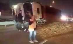 Virajı alamayan yonga yüklü tır devrildi