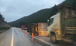 Bolu’da odun yüklü tır devrildi