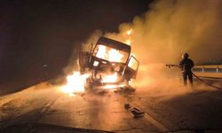 Mardin’de çarpışan iki tırdan biri yandı