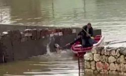 Su taşkınında evde mahsur kalan köpek, vatandaşların bindiği botla kurtarıldı