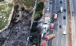 Kuzey Marmara Otoyolu'nda lastik yüklü tırda çıkan yangın tarım arazisine sıçradı