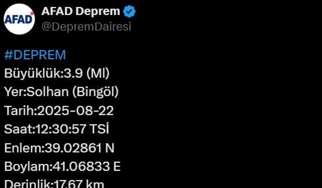 Bingöl’de 3.9 büyüklüğünde deprem