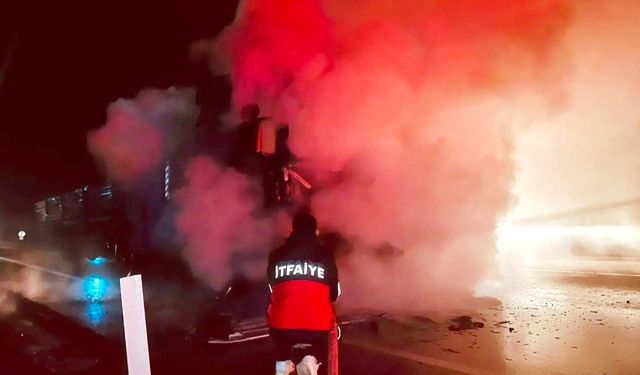 Hareket halindeki tır alev topuna döndü