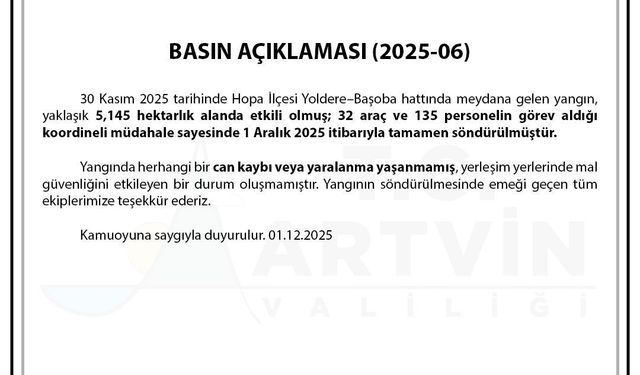Artvin Valiliği: "Hopa’daki orman yangını tamamen söndürüldü"