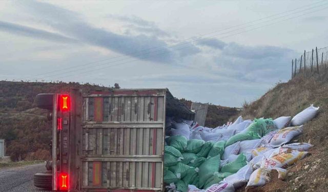 Gördes’te yem yüklü tır devrildi: 1 yaralı