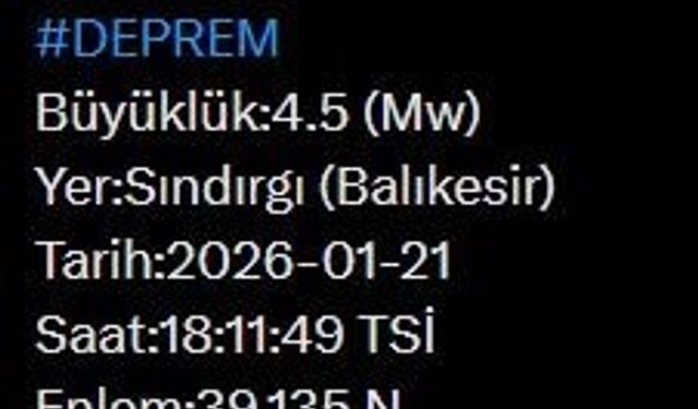Balıkesir'de 4.5 büyüklüğünde deprem