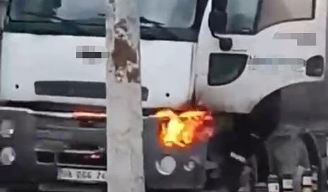 Beton kamyonu alev aldı, esnaf güçlükle söndürebildi