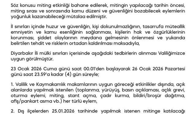 Diyarbakır'da gösteri ve yürüyüşler 4 gün boyunca yasaklandı