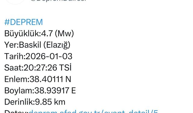 Elazığ'da 4.7 büyüklüğünde deprem