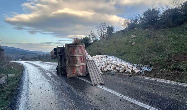 Gönen-Denizkent yolunda kamyon devrildi