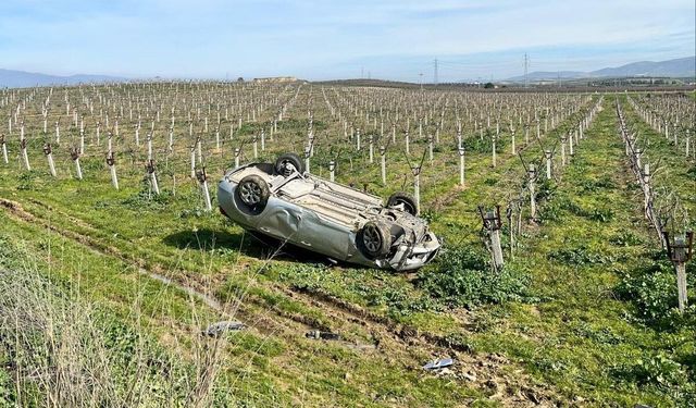 Manisa'da takla atan otomobil, üzüm bağına uçtu