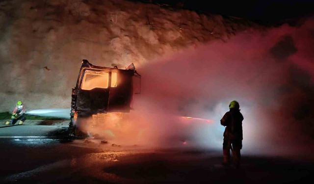 Balıkesir'de kauçuk yüklü tır alev alev yandı