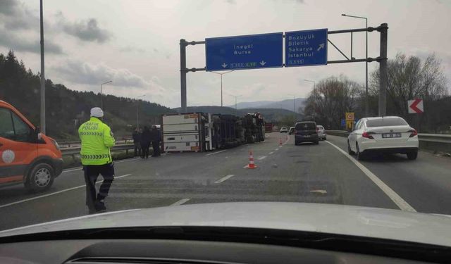 Bilecik'te kontrolden çıkan tır devrildi