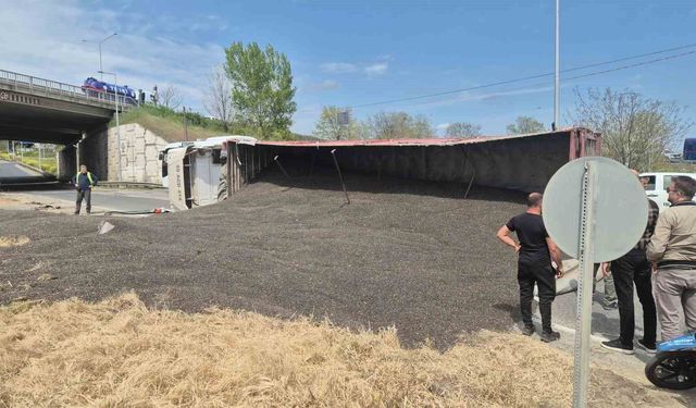 Tekirdağ'da ayçiçeği çekirdeği yüklü tır devrildi, trafik kilitlendi