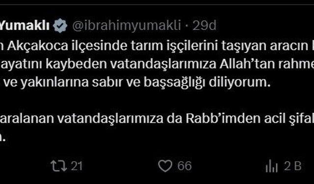 Bakan Yumaklı Düzce'deki kaza sonrası başsağlığı mesajı yayınladı