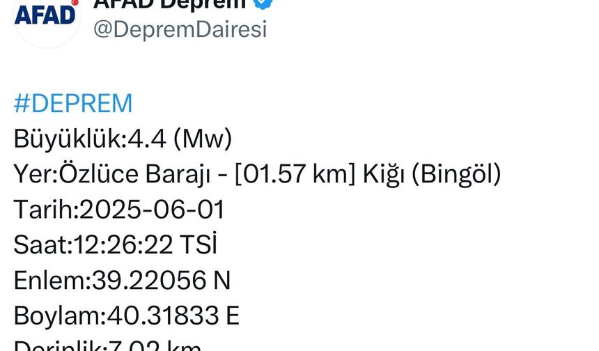 Bingöl’de 4,4 büyüklüğünde deprem