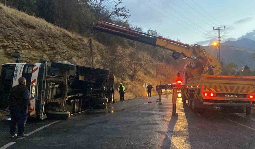 Kemaliye’de canlı hayvan taşıyan çekici devrildi: 2 hayvanın ayağı kırıldı